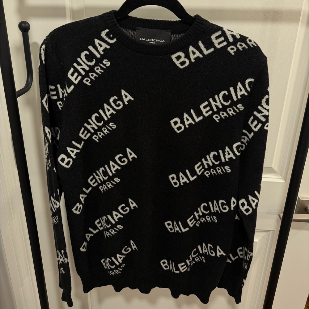 Balenciaga Black Crewneck Sweater with White Logo Jacquard